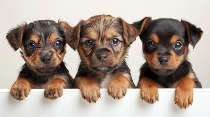 puppies over a white blank drawing board, white background