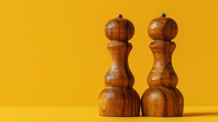 A pair of wooden salt and pepper shakers standing together, resembling a dancing duo