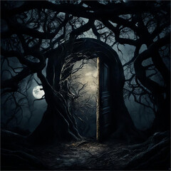 A dark portal in the branches against the backdrop of the moon.
