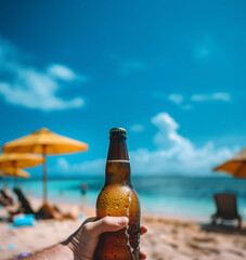 A Hand Grasps an  Beer Bottle on a Sun-kissed Beach. Generative AI.