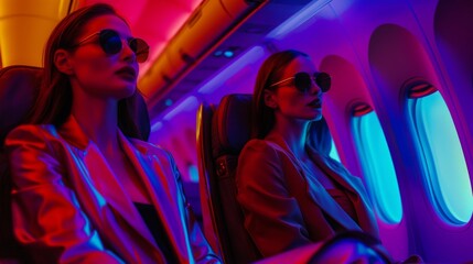 two women flying first class. A mid framed shot. vibrant color in the picture