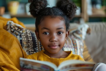 Portrait of charming black girl sits comfortably on a couch while reading a book and looking at camera