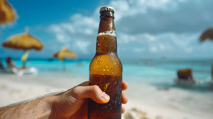 A Hand Grasps an  Beer Bottle on a Sun-kissed Beach. Generative AI.