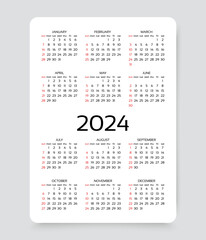Calendar 2024 year. Yearly calender template. Week starts Sunday. Pocket wall organizer with 12 month in English. Scheduler layout in minimal design. Vector illustration. Portrait orientation, A4.