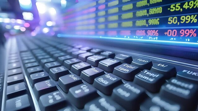 Close-up of a keyboard with stock market data on a digital screen in the background, depicting online trading or financial analysis.