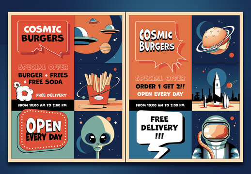 Retro Fast Food Flyer Set in Mid-Century Comic Book Space Theme