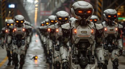 A group of robots in row at city street