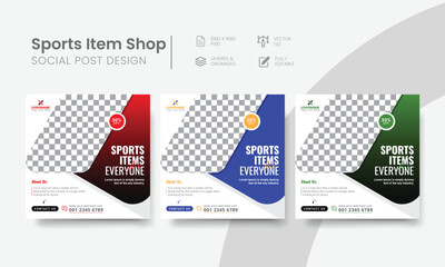 Sports item shop social media post template for web banner & internet ads. Results-driven sports items store social media post suitable layout design. Vol - 5