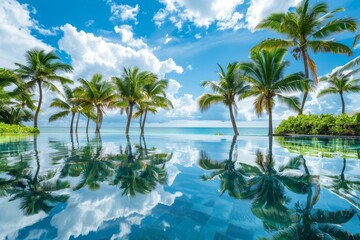 Fototapeta na wymiar Beautiful lush tropical palm trees against blue sky with white clouds are reflected in turquoise water on sunny day. Colorful image for summer vacation.