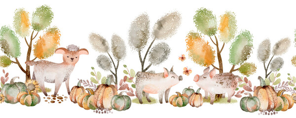 Watercolor farming animals. Village cute pig, cow and chicken in nature. Seamless border design for kids. Pets hand drawn woodland background. © Elena