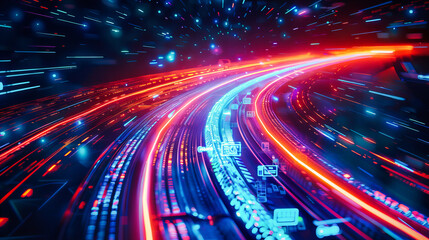 Fototapeta na wymiar Highway at Night, Speed and Motion Concept, Modern Transportation and Blue Light Trail Background