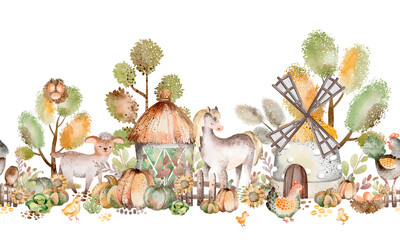 Watercolor farming animals. Village cute pig, cow and chicken in nature. Seamless border design for kids. Pets hand drawn woodland background. © Elena