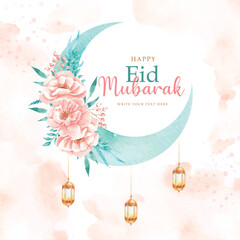 Happy Eid Mubarak Greeting Card with Crescent Moon and Flower Ornament Watercolor