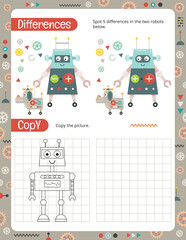 Activity Pages for Kids. Printable Activity Sheet with Robots Activities – copy the picture, spot differences. Vector illustration.
