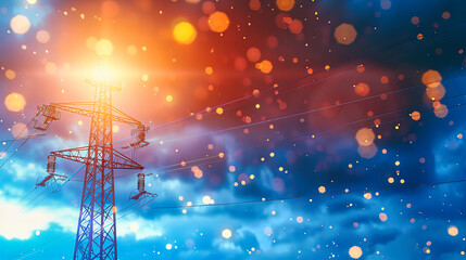 Powerful Industrial Electricity Tower, Energy and Voltage Concept, Sunset Silhouette with Blue Sky Background