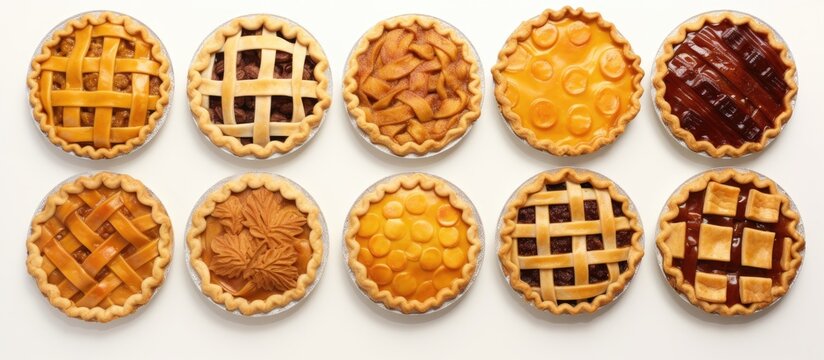 The picture displays a variety of pies, showcasing different types of baked goods and desserts. These finger foods range from sweet to savory, made with various ingredients and recipes