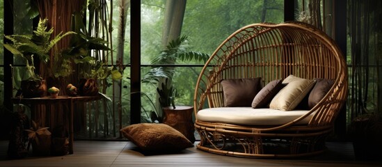 A hardwood wicker chair provides comfort in a living room with glass windows, wooden flooring, and pet supplies in the house