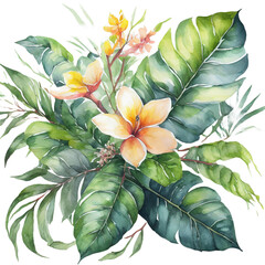 Watercolor of Tropical spring floral green leaves and flowers cut out, png watercolor flower spring, for wedding card 