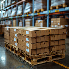 In an industrial warehouse, shelves hold merchandise ready for shipping and distribution, a bustling scene.