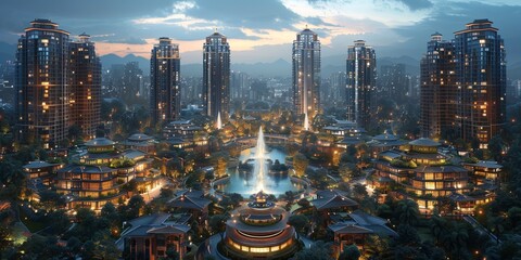 In the vibrant nights of Asia's cities, modern skyscrapers illuminate the skyline, creating a mesmerizing urban landscape.