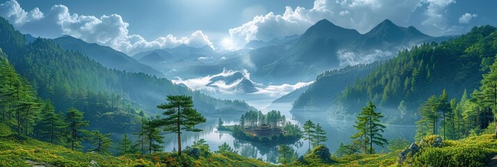 In the serene embrace of nature, a misty lake reflects the tranquil beauty of the surrounding mountains.
