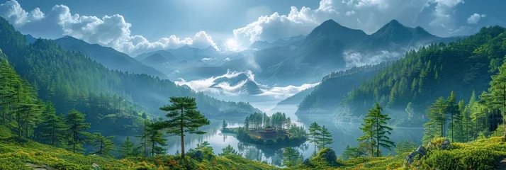 Papier Peint photo Réflexion In the serene embrace of nature, a misty lake reflects the tranquil beauty of the surrounding mountains.