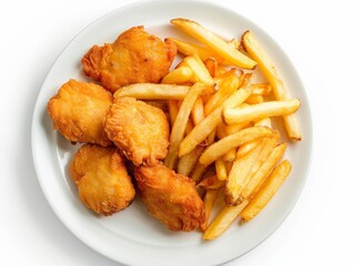 Plate of nuggets and french fries isolated on a white background