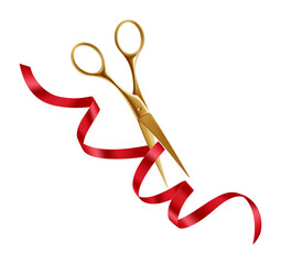 Golden Scissors and Red Ribbon. Grand Opening Ceremony