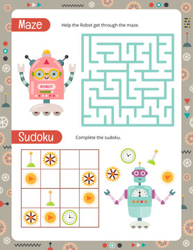 Printable Worksheet with Robots Activities – Maze, Sudoku. Activity Pages for Kids. Vector illustration.