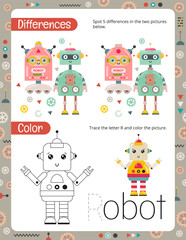 Activity Pages for Kids. Printable Activity Sheet with Robots Activities – color the picture, spot differences. Vector illustration.