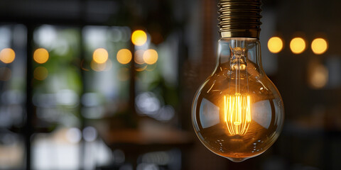 Retro-Glühbirne ohne Lampenschirm hängt im Restaurant