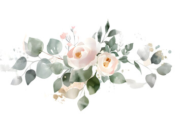 Gentle pink and white watercolor flowers with green eucalyptus leaves isolated on transparent background