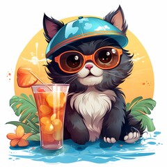 Cool funny summer animal. Cat on the beach with a cocktail. Vacation with animals. Summer vibe. Summer T-shirt print