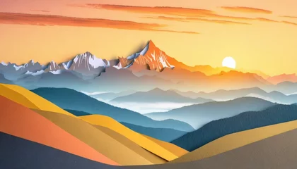 Fototapeten Illustration of a beautiful mountain landscape at sunset © RccBtn