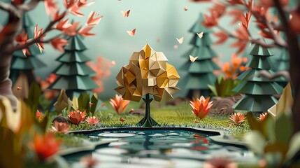 Paper tree origami with minimal 3d background - obrazy, fototapety, plakaty