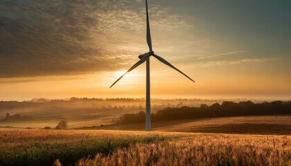 A wind turbine on a meadow at sunrise