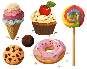 Collection of sweet desserts, ice cream, donut, cake, lollipop, candy, cookies isolated on transparent background