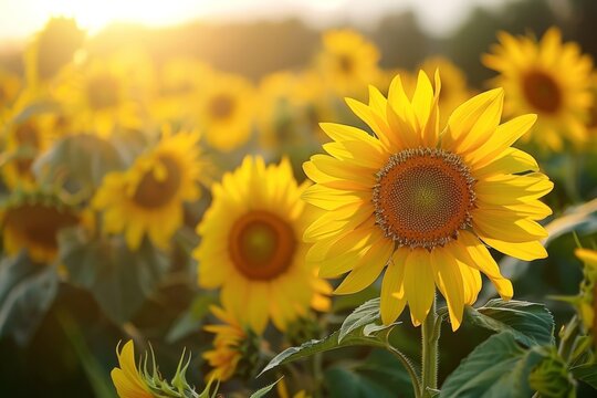 Beautiful sunflowers close-up in the field.