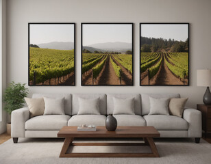 Chic Living Room with Vineyard Landscape Triptych