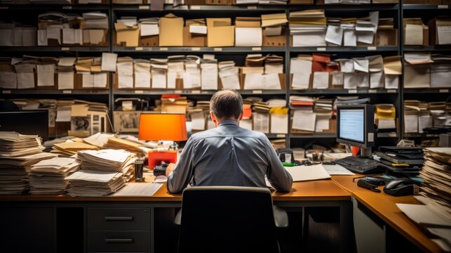 a lawyer is working in the incident archive room