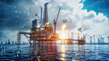 Industrial Offshore Oil Rig, Energy and Power Production, Engineering and Technology Concept