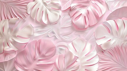 White, pink geometric floral leaves 3d affect Monstera wall texture, floral background illustration banner. Graphic resource abstract, feminine pink tropical leaves, ocean vacation panorama by Vita - obrazy, fototapety, plakaty