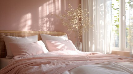 Fototapeta na wymiar Tranquil bedroom design with blush pink walls, natural light