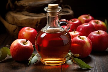 Bottle of apple cider vinegar and red apples on rustic wooden table. Ai Generative