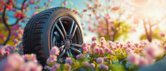 Fototapeta premium summer tires in the blooming spring in the sun - time for summer tires