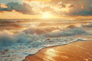 Beauty of sea nature of Mediterranean coast on warm summer evening. Setting sun illuminates stormy waves with caps of foam rolling onto golden sandy beach. - obrazy, fototapety, plakaty