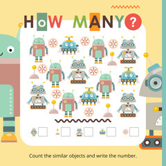 Robot activities for kids. How many. Count the number of robots. Vector illustration. Book square format.