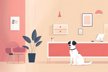 An endearing illustration portraying a dog at the reception of a vet clinic, blending healthcare with lighthearted charm.