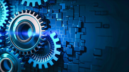 Gear and Technology Concept, Engine Mechanics and Industrial Business Background, Blue Digital Connection