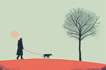 Minimalist illustration of a person and a dog on a walk against a pale backdrop with a bare tree and soft pink sun.